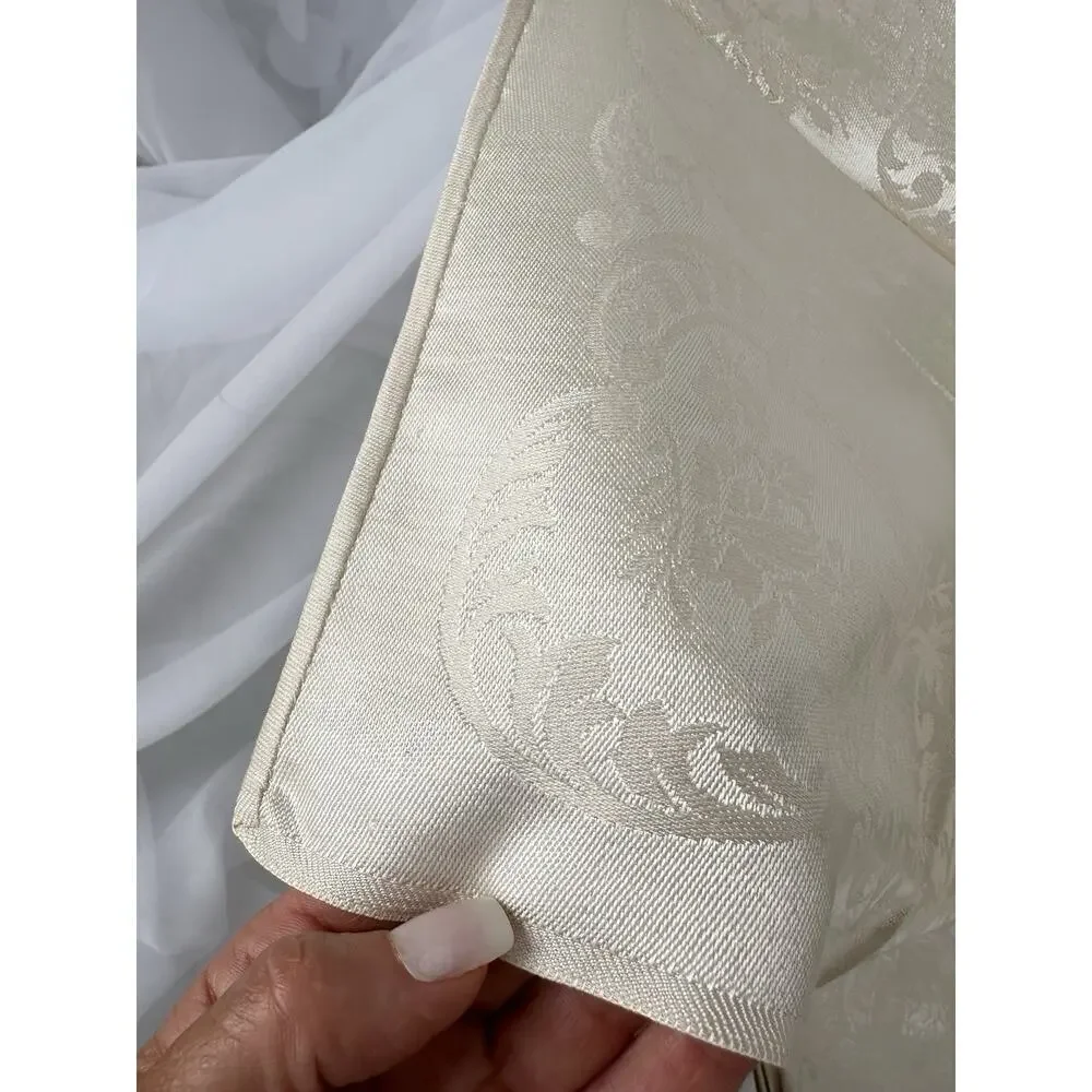 Vtg Beige Linen Double Damask Tablecloth 8 Napkins Floral Garlands Acanthus